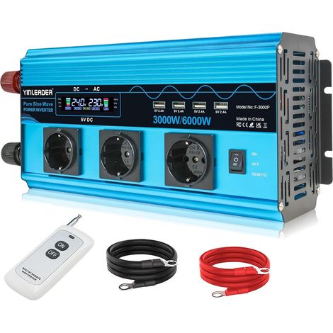 Convertisseur de Tension 3000W /6000W à Onde Sinusoïdale Pure Onduleur 24V 230V avec LCD 3 Prises et 4 USB Télécommande sans Fil (1/5)