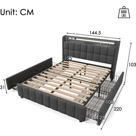 Lit rembourré avec fonction de chargement USB, tête de lit, éclairage LED et 4 tiroirs  lit double 140x200cm  cadre de lit coffre  sommier à lattes en bois  gris (matelas non inclus) (1/4)