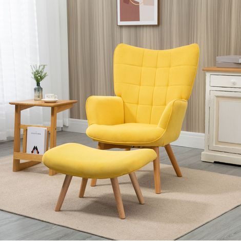 Poltrona relax con poggiapiedi, 72 x 80 x 101 cm, gialla, in poliestere e gambe in faggio DESVIAE (1/5)