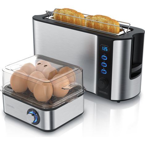 Arendo 2-teiliges Frühstücksset, 2-Scheiben Langschlitztoaster FRUKOST, 8er Eierkocher, Silber (1/5)