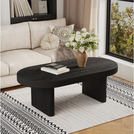 Mesa de centro ovalada en MDF negro con chapa efecto madera, 120 cm (1/5)