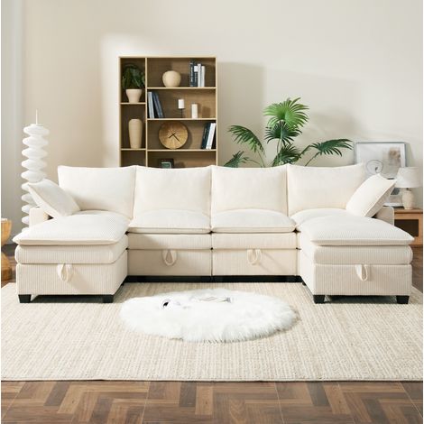 Canapé modulaire en velours côtelé beige 280x151x82 cm, configuration L/U avec 2 poufs, USB et rangements (1/5)
