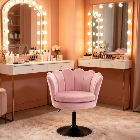 Drehbarer Schminkhocker 61.5x71-83x65 cm Rosa aus Samt und Metall mit 360°-Drehung und Höhenverstellung (1/4)