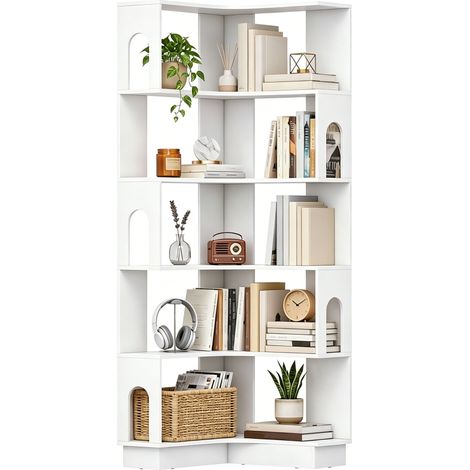 Bibliothèque d'angle, étagère de rangement à 6 niveaux avec panneaux latéraux arqués, 60 x 60 x 165,5 cm, blanc (1/5)