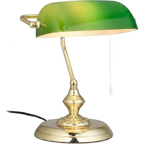 Relaxdays Bankerlampe mit Zugschalter, grüner Schirm, runder Sockel, Vintage Design, Glas, HBT: 31x22,5x18,5cm, messing (1/5)