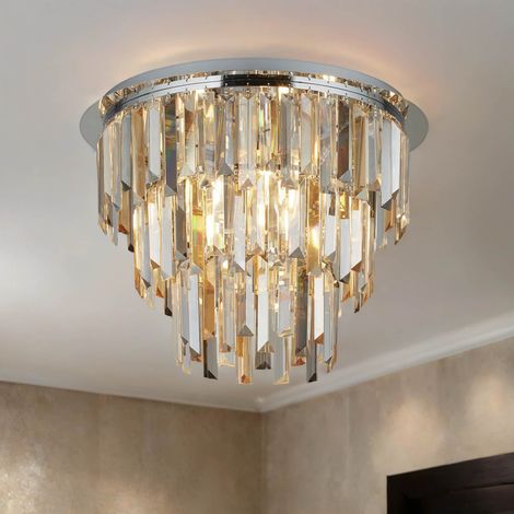 Plafonnier métal verre fumé E14 rond D : 45 cm chrome gris fumé ambre cristal art déco