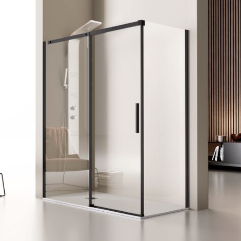 Porta doccia fissa + porta scorrevole LUNA profilo nero opaco 115 cm