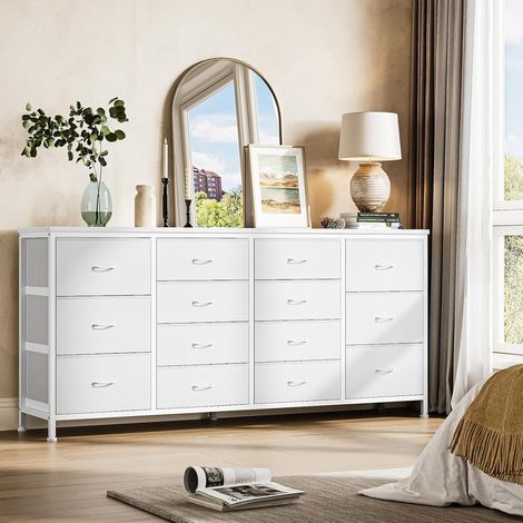 Commode, 160cm Commode de Chambre à Coucher 14 Tiroirs en Tissu, Meuble TV, Téléviseur, Meuble de Rangement pour Chambre d'enfants,Chambre à Coucher, Armoire, Salon, Couloir,BLANC,160x35x75CM (1/5)