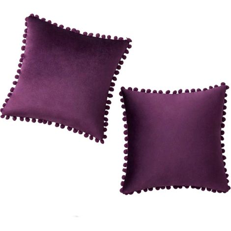Housse De Coussin Velours - 18x18 Pouces - Avec Pompons - Pour Canapé Chambre Voiture - Lot De 2 (1/5)