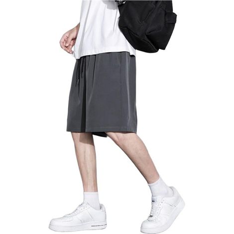 Men's relaxed fit loose-fitting shorts with drawstring waist, straight leg, solid color, summer beach pants for everyday wear and leisure, black, size L (1/5)