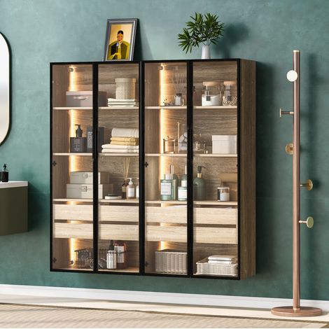 Set 2 mobili bagno 74 x 36 x 155 cm, LED, 2 cassetti, ante in vetro DESVIAE (1/5)
