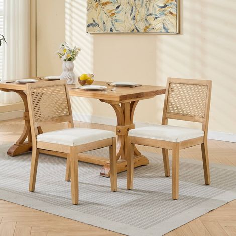 Lot de 2 chaises de salle à manger en rotin, style ferme dossier canne, cadre bois dur naturel, coussin éponge ressorts S, beige, 56x48x86,5 cm (1/5)