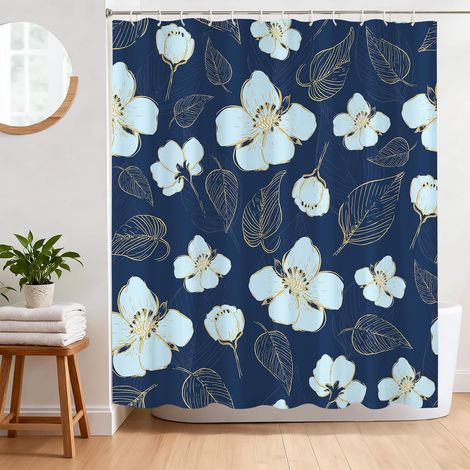 Rideau de Douche Anti Moisissure 180 x 180 cm Rideau Douche Bleu Fleurs Tissu Polyester Imperméable Lavable Rideau Baignoire avec 12 Crochets (1/5)