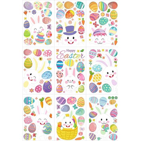 Osterfensteraufkleber-Set, 9er-Set, PVC-Hasen-Ei-Aufkleber, statisch aufladbare Aufkleber für Zuhause, Frühling, Ostern, Party