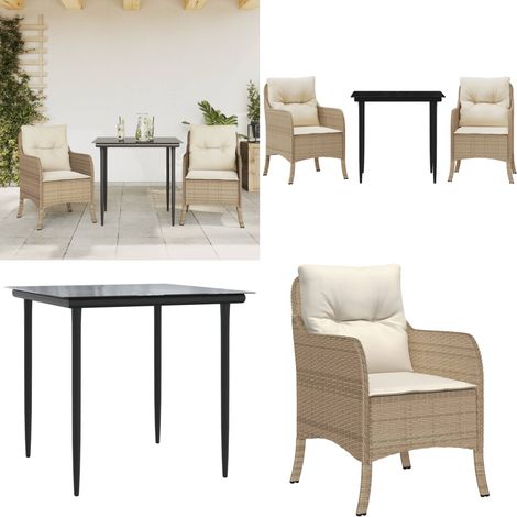 3-tlg. Garten-Essgruppe mit Kissen Beige Poly Rattan - Gartenstuhl - Gartentisch (1/5)