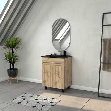 Mobile da bagno 60 cm con 2 ante aspetto Rovere Naturale + lavabo nero e specchio ovale