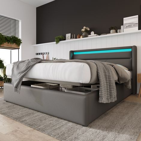 Lit coffre double 140x200 cm, avec barre lumineuse LED, simili cuir, sommier à lattes, structure en métal, lit rembourré à rangement hydraulique pour adultes, adolescents - Gris