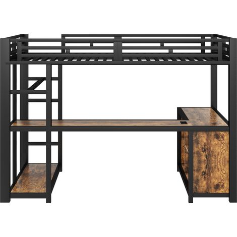 Cama alta de metal 140 x 200 cm con escritorio, LED, puertos USB y almacenaje, negro (1/5)