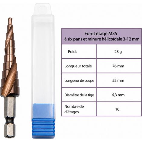Foret étagé M35 au cobalt en acier rapide 3-12 mm queue hexagonale à rainure hélicoïdale 3-12 28g 6.35 10 76 × 1,6 × 1,6 cm 28 g – Livraison gratuite