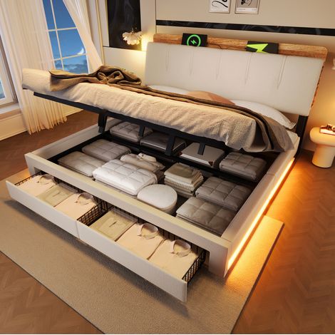 lit adulte rangement lit 180x200 LED lin beige OKMYHOME (1/5)