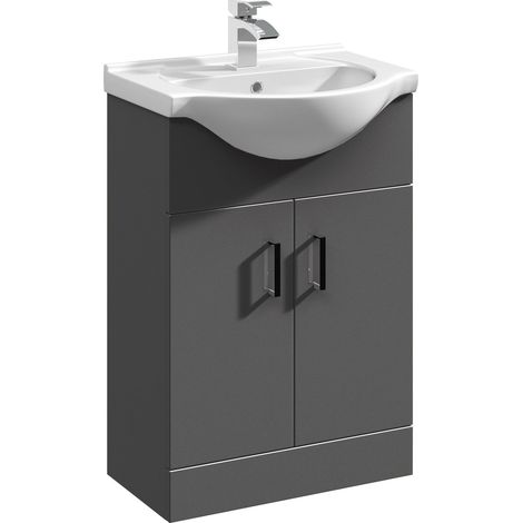Modern Floor Standing Bathroom 2 Door Vanity and Round Basin Unit - 550mm, Satin Dark Grey, Soft Close Doors