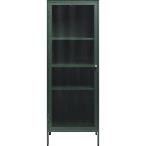 Colonne de rangement 1 porte en verre strié et métal H160cm - Vert foncé - BJORN
