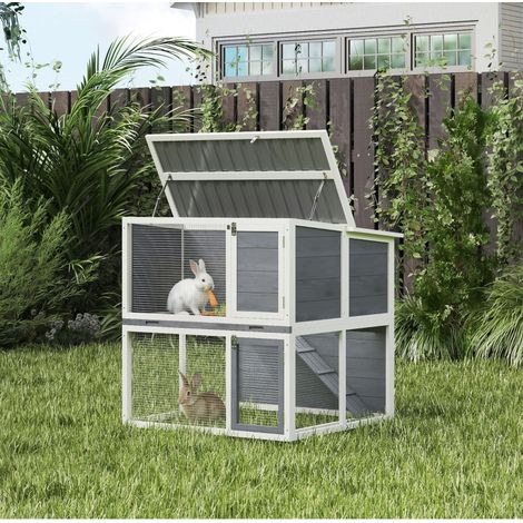 Clapier à 2 niveaux en bois gris avec toit imperméable, rampe et enclos 98x95x102,5 cm (1/5)