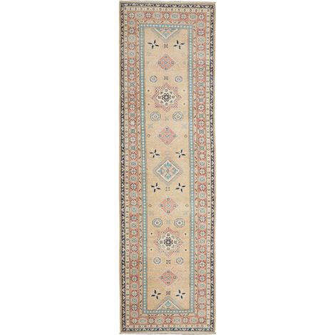 Tapis salon 85 x 294 cm, géométrique, beige, bleu et rouge, en laine nouée main, authentique, chaleureux (1/5)