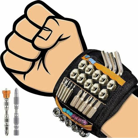 Magnetic bracelet with 20 strong magnets for holding screws, nails, drill bits, 2 invisible storage pouches (incl. 2 magnetic screwdriver bits) (1/5)