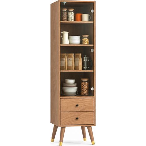 Meuble vitrine haut en bois avec porte vitrée, 3 étagères réglables et 2 tiroirs, rangement moderne pour salon, bureau, bain ou chambre  CHICFURN (1/5)