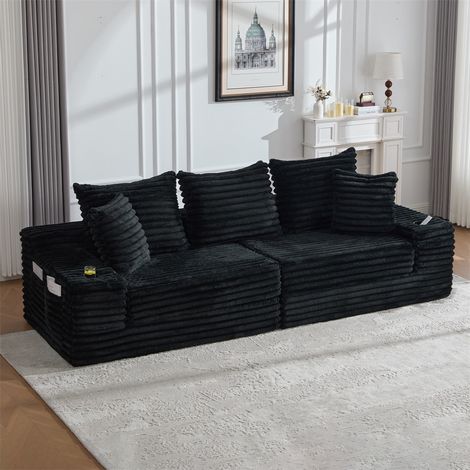 Canapé d'Angle en Velours Côtelé avec Méridienne - 273 x 98 x 87 cm - Canapé Convertible avec Porte-Gobelets et Rangement - Noir (1/5)