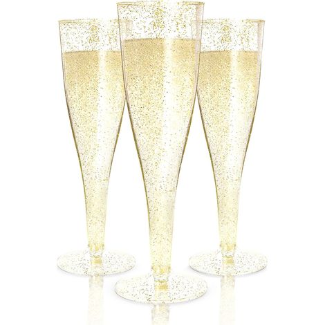 30 Flûtes à champagne, Plastique doré pailleté, Verres transparents, Pour mariages et fêtes (1/5)