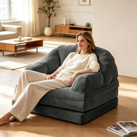 Chauffeuse convertible 3 en 1, Canapé lit pliable 88 cm velours côtelé Gris, banquette convertible avec poignée, fauteuil convertible sans montage pour salon chambre (1/5)