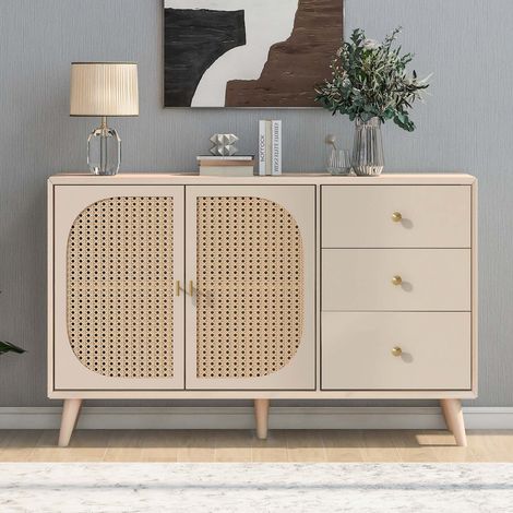 Sideboard 120 cm blanc crème, meuble de rangement avec 2 portes et 3 tiroirs, buffet moderne effet rotin pour salon, salle à manger et entrée (1/5)