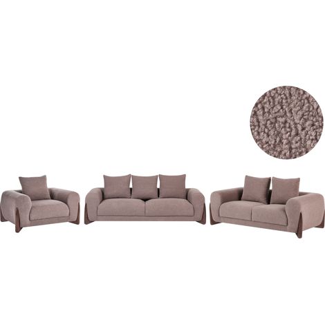 Conjunto de sala de estar 6 plazas sofás y sillón tapizado de bouclé con reposabrazos patas de madera sala de estar moderno marrón Vinliden (1/5)