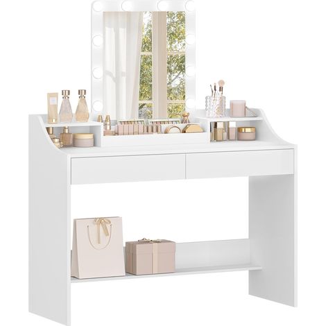 Coiffeuse avec Eclairage LED,avec Miroir, 2 Compartiments Ouverts (1/5)