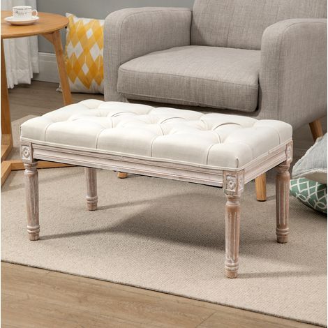 Panca imbottita in stile vintage francese effetto lino e gambe in legno bianco crema (1/5)