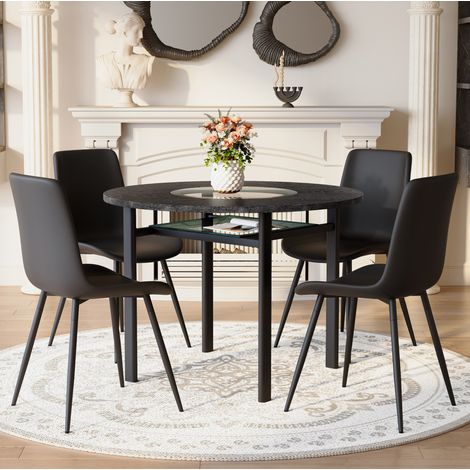 Juego de mesa redonda minimalista 100 cm con 4 sillas de PU negras y tablero MDF negro (1/5)