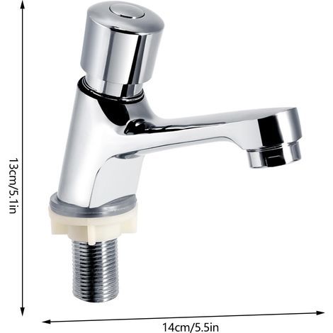 Robinet à pression eau froide uniquement, fermeture automatique temporisée 4 à 6 secondes, laiton chromé filetage G1/2, adapté lavabos et sanitaires.