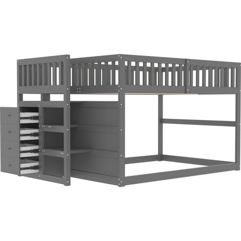 Cama alta baja 140 x 200 cm con escalera de almacenaje y barandillas altas de madera gris MODENUIT (1/5)