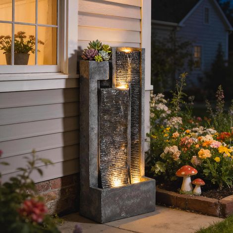 Gartenbrunnen für den Außenbereich, dreistufiges Kaskadenwasserspiel, modernes beleuchtetes Wasserbecken und Wasserwand mit 24 LEDs, 101 cm, grau