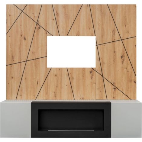 Wandkomposition IXAR geometrisch – TV-Möbel + dekorative Wandpaneele + Bio-Ethanol-Kamin
