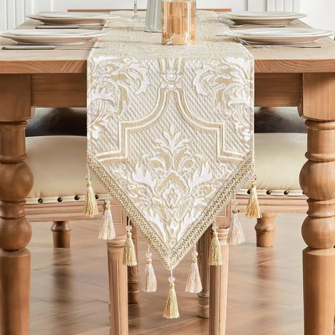 Chemin de table à franges 33x274cm Blanc & Jaune Jacquard pour table à manger & fête