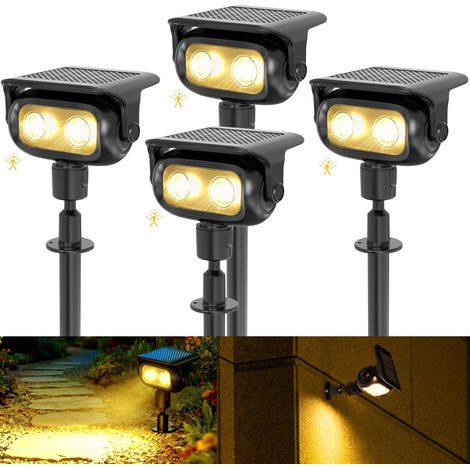 Lampe Solaire Exterieur Detecteur de Mouvement Lot de 4, 3000K Blanc Chaud Spot Solaire Extérieur 4 Modes& 2 Installation, IP65 Étanche Éclairage Paysager pour Jardin, Chemin (1/5)