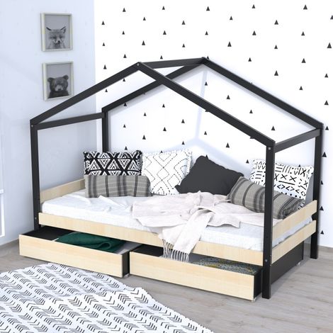 Hüttenbett ETOILE 90x190cm + 2 Schubladen / Roh und Schwarz/ 199x95x150 cm (1/3)