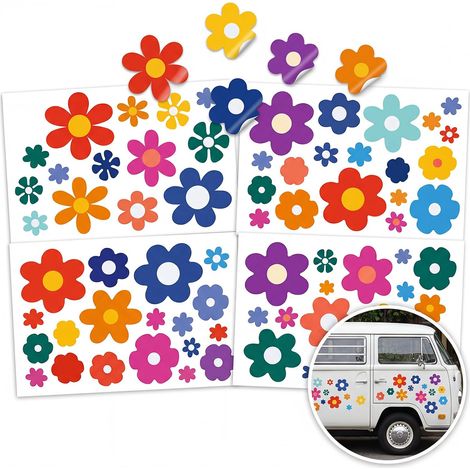 Lot de 4 Feuilles Autocollants de Fleurs Colorées pour Voiture - 70 Stickers de Fleur en Vinyle pour Camping-Car Scooter et Murs - Décoration Extérieure Mignonne et Imperméable (1/5)