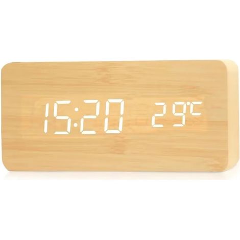 Réveil numérique en bois (couleur bambou) avec affichage LED de l'heure et de la température (1/5)