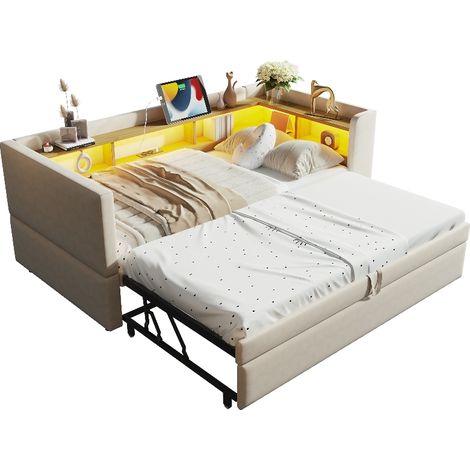 Ausziehbares Schlafsofa 90x190 bis 180x190 cm mit Stauraum, LED-Beleuchtung und Steckdose, Multifunktionsschlafsofa aus Flanell, Beige (1/5)