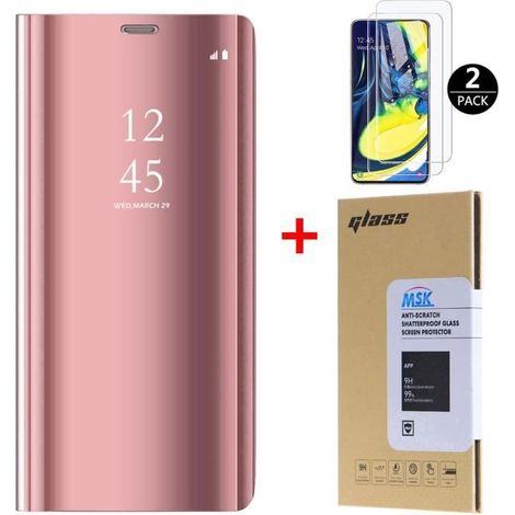 Coque Samsung A80 + [2 Pack] Verre trempé, Miroir Case Avec Stand Fonction Flip Protection Pour Samsung Galaxy A80 - Or Rose (1/4)
