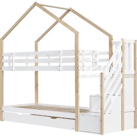 Letto a soppalco a casetta estraibile in legno e MDF, bianco e naturale, 90x200/90x190 (1/5)